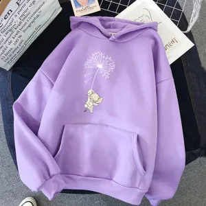 Sweat à capuche violet décontracté avec imprimé mignon, manches longues et poche avant.
