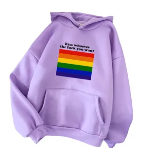 Sweat a capuche mauve avec imprime arc-en-ciel, streetwear decontracte pour hommes femmes.