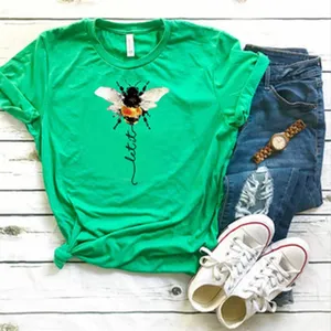 Casual green short sleeve t-shirt with cute bee graphic print styled for daily wear