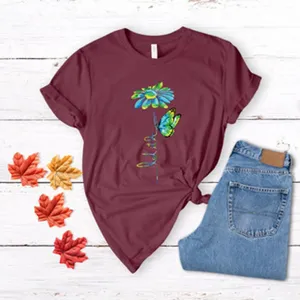Women casual short sleeve t-shirt, maroon crewneck top with floral butterfly graphic print.