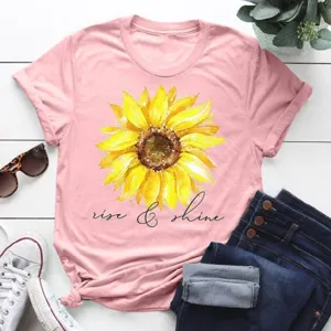 Pink short-sleeve women's t-shirt with a watercolor sunflower print and casual style.