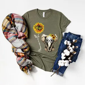 Detailed view of casual olive green graphic t-shirt with cute elephant sunflower print.
