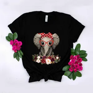 Cute elephant print short sleeve black t-shirt with floral graphic and trendy knot hem detail.