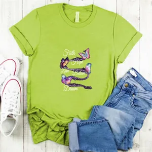 Green short-sleeve t-shirt for women featuring cute butterfly and positive words graphic.