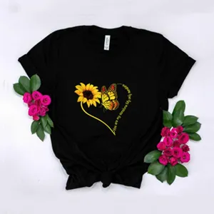 Women Casual Black Short Sleeve T-Shirt Sunflower Butterfly Print Round Neck Tee Top