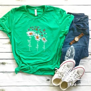 Women green short sleeve t-shirt casual daisy butterfly print crewneck top comfortable everyday wear