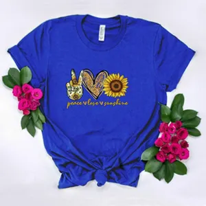Women casual short sleeve crewneck t-shirt with peace sunflower graphic print top fashion