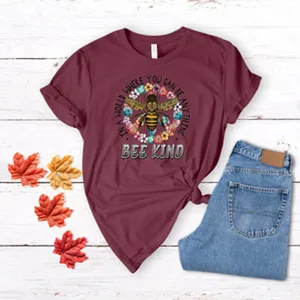 Burgundy floral bee graphic short sleeve t-shirt casual crew neck top for women daily wear