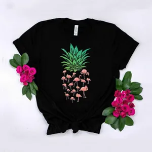 Women casual black short sleeve t-shirt featuring creative flamingo pineapple design.