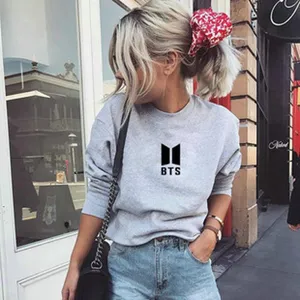 Grey long sleeve sweatshirt with BTS print, stylish street style apparel detail view.