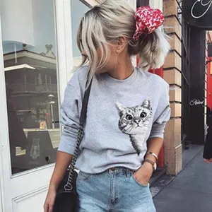 Casual grey long sleeve sweatshirt with cute cat print for women fashion daily wear