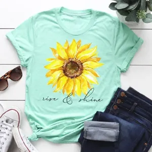 Mint green sunflower print casual short sleeve round neck t-shirt for women daily wear