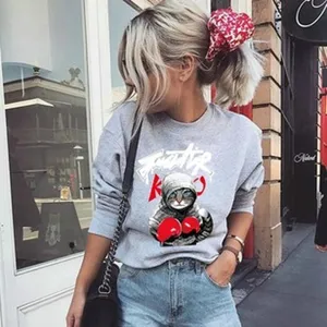 Grey long sleeve crewneck sweatshirt with cool cat boxing graphic design casual streetwear