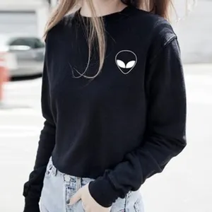 Black long sleeve sweatshirt with cute alien graphic print, casual streetwear style top for women.