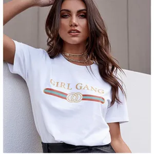 Casual white short sleeve t-shirt for women featuring stylish girl gang graphic print.