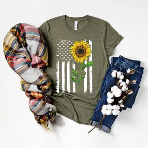 Camiseta casual de manga corta verde oliva con bandera de EE.UU. vintage y girasol.
