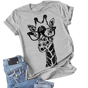 Casual grey short sleeve t-shirt for women featuring cute giraffe glasses graphic print.