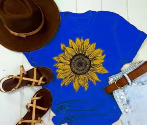 Women casual short sleeve t-shirt with vibrant yellow sunflower print, loose crew neck design.