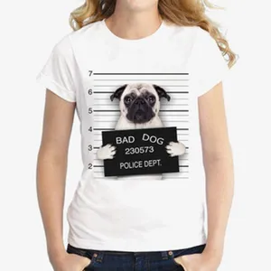 Casual white short sleeve t-shirt featuring a funny pug dog police lineup graphic print.