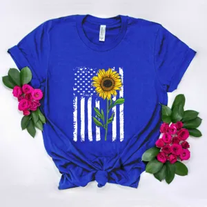 Camiseta de manga corta azul real con gráfico vintage de bandera de Estados Unidos y girasol casual