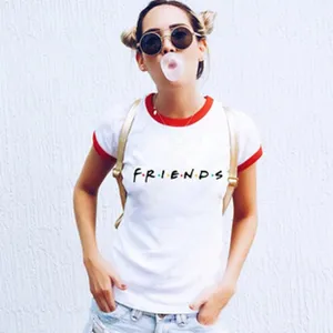 Detailed view of the casual white ringer t-shirt featuring classic Friends logo print.