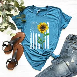 Mujer camiseta manga corta girasol bandera americana grafico top casual verano ropa moda