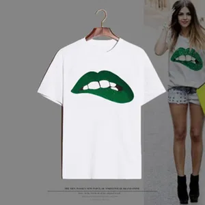 White short sleeve t-shirt with green glitter lips graphic, casual summer streetwear top for women.