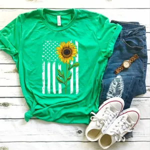 Camiseta verde de manga corta para mujer con grafico de bandera americana girasol top casual