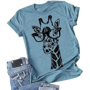 Women casual short sleeve t-shirt featuring cute giraffe with glasses print heather blue top
