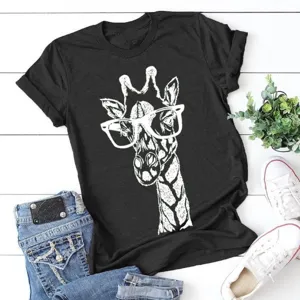 Women's black short sleeve t-shirt featuring a stylish giraffe with glasses graphic print.