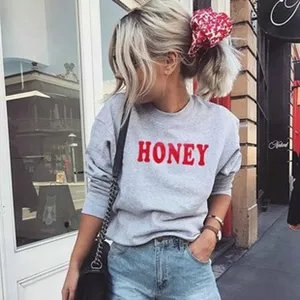 Casual grey crewneck sweatshirt with red letter print for women streetwear everyday style