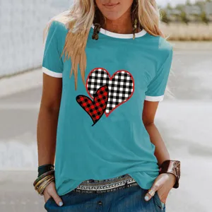 T-shirt d'été à manches courtes pour femme haut décontracté col rond avec motif cœur écossais