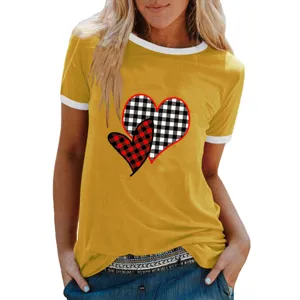 T-shirt Femme Jaune Manches Courtes Col Ras du Cou Imprimé Cœur à Carreaux Haut