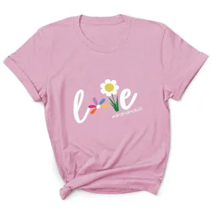 Roze korte mouw t-shirt voor vrouwen met schattige margriet liefde print casual top.