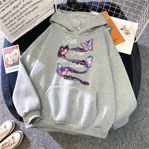 Sweat à Capuche Pullover Décontracté Unisexe avec Imprimé Papillon et Lettres Style Preppy à Manches Longues pour Hommes Femmes