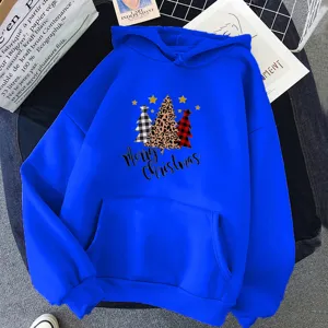 Blauer Kapuzenpullover mit Weihnachtsbaum Druck Damen Herren Langarm Hoodie Freizeit Oberteil