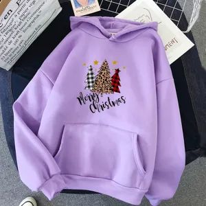 Lila Damen Kapuzenpullover mit Weihnachtsbaum Grafik Print und Beuteltasche Alltag
