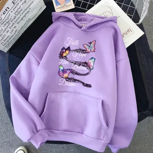 Sweat-shirt à capuche violet avec motif papillon et texte inspirant, pull à manches longues.
