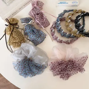 Korean Style Leopard Print Mesh Hair Scrunchies Bow Banana Clips Hair Hoops Color Block Hair Accessories For Women