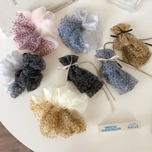 Korean chic leopard print scrunchies set, mesh sheer hair ties for elegant low ponytail styles.