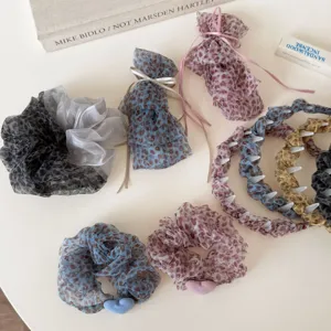 Korean style leopard print organza scrunchies and hair hoops set, detailed view.