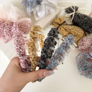 Korean leopard print scrunchies and hair claws set, sheer mesh ponytail holders chic hair accessories