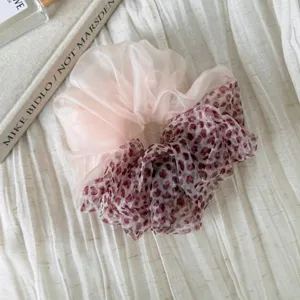 Korean style colorblock leopard mesh hair scrunchie, soft sheer fabric ponytail hair tie.