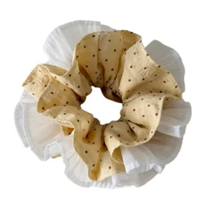 Sweet yellow polka dot and white layered ruffled hair scrunchie for daily styling.