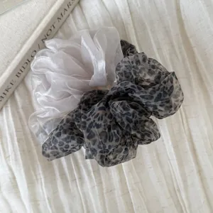 Sheer organza hair scrunchie set, white and leopard print ponytail holder for women style.