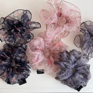 Franse bloemen organza haarscrunchies voor vrouwen, elegante grote haarelastiekjes en accessoires.