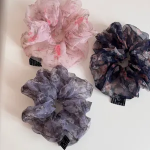 Franse bloemige chiffon scrunchies set, elegante haarbanden voor vrouwen, zachte stoffen accessoires.