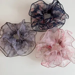Franse bloemige organza haarelastiekjes chique doorschijnende haaraccessoires voor vrouwen