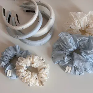 Korean sea salt blue daisy hair scrunchies and headbands, oversized cute hair accessories.