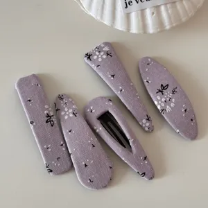 Korean cute floral fabric hair clips set, elegant light purple snap hairpins for women
